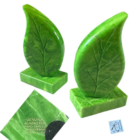 Ducceschi Alabaster Carved Leaf Bookends - Picture 1 of 6